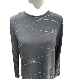 ST JOHN evening Black Long-Sleeve Knit Top With Silver Glitter Lines
